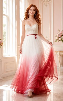 Rotes, bodenlanges, romantisches Brautkleid aus Ombré-Tüll mit Spaghettiträgern, ärmellos, A-Linie