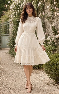 Cream High Neck Long Poet Sleeve Lace Tiered A-Line Knee-Length Bohemian Dress
