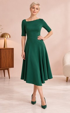 Dark Green Asymmetric Neck Elbow Sleeve Flared Guest Dress
