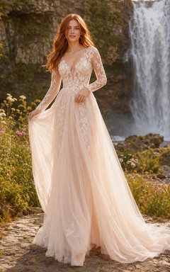 Abendkleid mit tiefem V-Ausschnitt, langen Ärmeln und Wasserfallkante aus Spitze