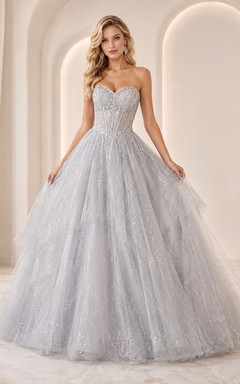 Starlight Palace Silver Ball Gown Floor-Length Strapless Sleeveless Tulle Luxury Prom Dress