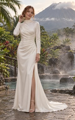 High Neck Long Sleeve Satin Wedding Dress with Ruched Waist and Split Sheath Skirt