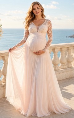 Ethereal Maternity V Neck Long Lace Sleeve Chiffon Empire Sweep Wedding Dress
