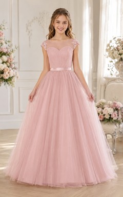 Zartrosa Brautjungfernkleid, Ballkleid mit herzförmigem Ausschnitt, kurzen Ärmeln und Tüllrock