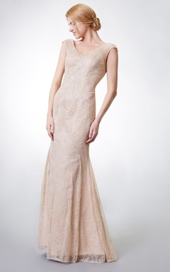 Cap-sleeved V Neck Long Lace Dress With Deep V Back