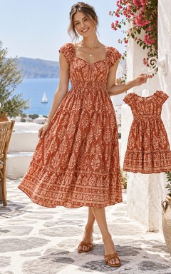 Boho Tea-length Rust Floral Sweetheart Ruffle Sleeve Matching Family Dress