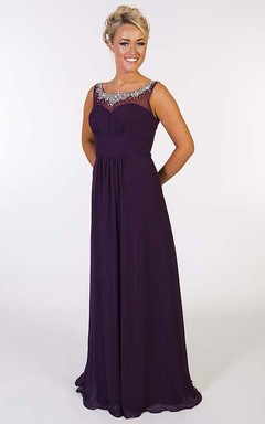 Ärmelloses, perlenbesetztes Chiffon-Abendkleid mit Rundhalsausschnitt und bodenlanger Passform