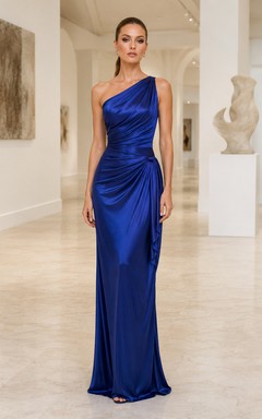 Royal Blue One-Shoulder Satin Sheath Formal Dress