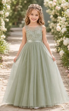 Flower Girl Dress Sage Lace Tulle A-Line Jewel Neck Floor Length