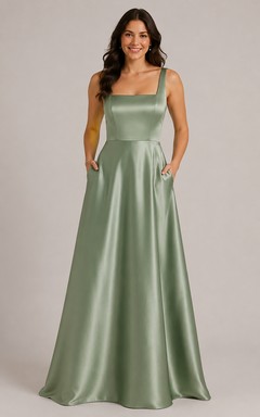 Sage Square Neck Satin A-Line Bridesmaid Dress
