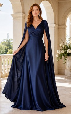 Evening Gown Dark Navy Satin Chiffon A-Line V-Neck Sleeveless Sweep Train