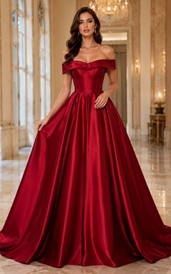 Vestido de noche de satén rojo con hombros descubiertos