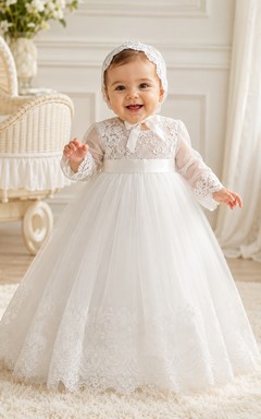 Vestido clásico para ceremonia de bautizo de bebé, corte en A, largo hasta el suelo, cuello joya, manga larga, tul, encaje, lazo en la espalda, botones en la espalda.