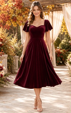 Burgunderfarbenes Samtkleid in A-Linie mit herzförmigem Schnitt und flatternden Ärmeln für den Herbst