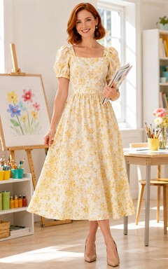 Yellow floral puff sleeve square neck teacher midi dress