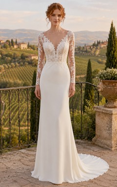 Vestido de novia de encaje campestre, corte recto, escote corazón, manga larga, cola larga, espalda baja en V.