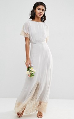 Vestido de dama de honor modesto, de corte recto, largo hasta los tobillos, manga corta, escote redondo y encaje de gasa.