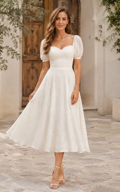 Vestido de novia midi sencillo de corte A con escote cuadrado y mangas abullonadas
