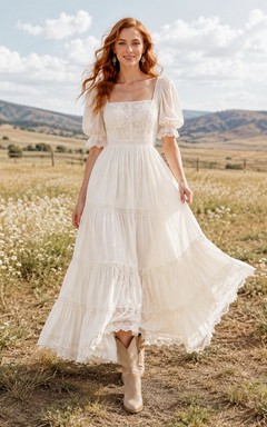 Rustikales Brautkleid aus Chiffon mit quadratischem Ausschnitt, Puffärmeln und Stufenrock in A-Linie und Knöchellänge