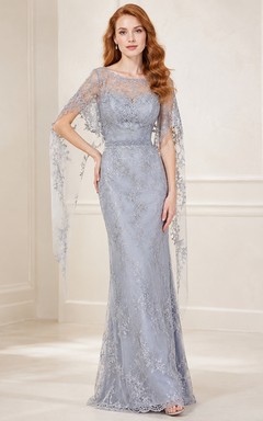 Silver Blue Lace Cape Sleeve Sheath Mother Dress