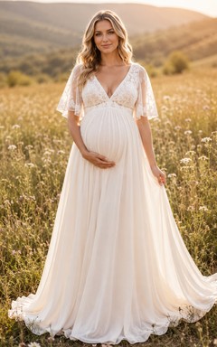 Boho Maternity Wedding Dress V Neck Flutter Sleeve A-Line Tulle Gown with Lace Bodice