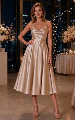 Robe midi champagne à col bénitier corset en satin, coupe trapèze, idéale pour les invitées