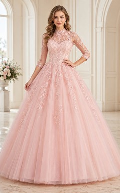 Blush Modest High Neck Long Illusion Sleeve Lace Quinceanera Princess Formal Ball Gown