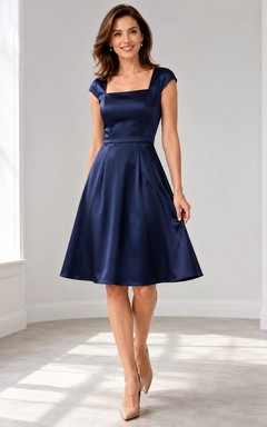 Dark Navy Square Neck Cap Sleeve Satin A-Line Knee-Length Elegant Cocktail Dress