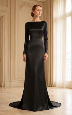 Robe de mariée moderne et pudique en satin noir à manches longues et coupe bateau