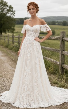 Country Tulle Wedding Dress A-Line Off Shoulder Puff Sleeve Chapel Train Lace-Up Corset Back Bridal Gown