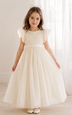 Bow Back Tulle A-Line Flower Girl Dress with Jewel Neck and Tea-Length Skirt