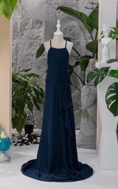 Einfaches, dunkelblaues Chiffon-Blumenmädchenkleid mit Spaghettiträgern und seitlicher Drapierung