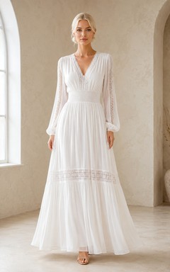 Vestido bohemio de gasa con escote en V, manga larga, corte en A, estilo bohemio, ideal para renovación de votos matrimoniales.