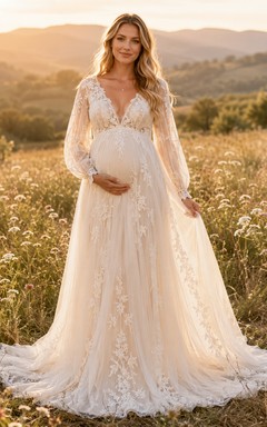 Umstandsbrautkleid mit V-Ausschnitt, langen Spitzenärmeln, formellem A-Linien-Schnitt und Schleppe