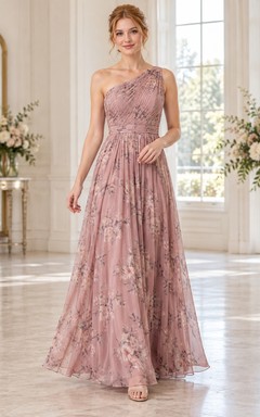 Robe de demoiselle d'honneur en mousseline de soie rose poudré à fleurs, asymétrique, drapée, longue jusqu'au sol, coupe trapè