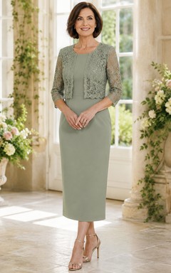 Elegantes, dreiviertellanges Spitzen-Etuikleid in Salbeigrün, Satin-Cut-Top, wadenlang, schlichtes Abendkleid für die Mutter des Bräutigams