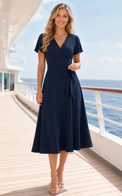 Navy Short Sleeve V Neck Wrap Cruise Midi Dress