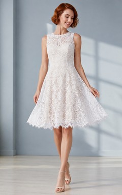 Modest High Neck Sleeveless Lace A-Line Knee-Length Courthouse Wedding Dress