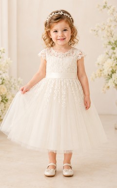 Romantic Lace Tea-Length A-Line Flower Girl Garden Wedding Dress With Cap Sleeves and Satin Bow