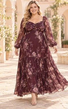 Vestido de fiesta largo hasta el suelo, talla grande, corte A, escote corazón, manga larga, estampado floral burdeos