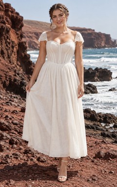 Simple Tea-Length Sweetheart Cap Sleeve Linen Blend Wedding Dress with Corset Bodice