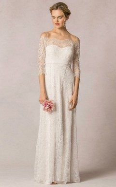 Vestido de novia de encaje largo hasta el suelo con escote Bardot y mangas 3-4