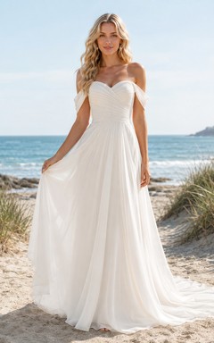 Chiffon Wedding Dress A-Line Off Shoulder Sweep Train Bridal Gown