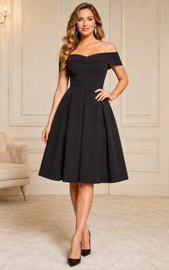 Simple Black Off Shoulder Short Sleeve Tea-length A-line Satin Dress
