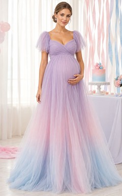 Robe de grossesse longue en tulle dégradé rose lavande et bleu, décolleté cœur, pour révélation du sexe du bébé