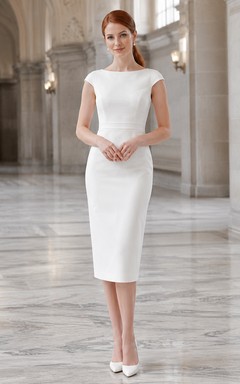 Cap sleeve jewel neck sheath courthouse bridal midi dress