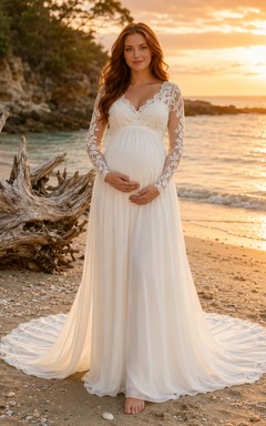 Maternity Wedding Dress V-Neck Long Sleeve Lace A-Line Beach Bridal Gown with Court Train