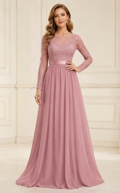 Mauvefarbenes, langärmeliges, A-Linien-Abendkleid aus Spitze mit V-Ausschnitt und V-Ausschnitt, bodenlang, schlicht und elegant