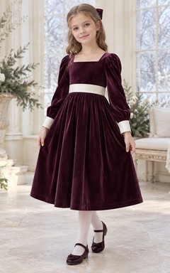 Plum Velvet Square Neck Ivory Sash Long Sleeve Flower Girl Dress