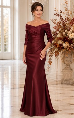 Burgunderfarbenes schulterfreies Meerjungfrauen-Kleid aus Satin für Mütter